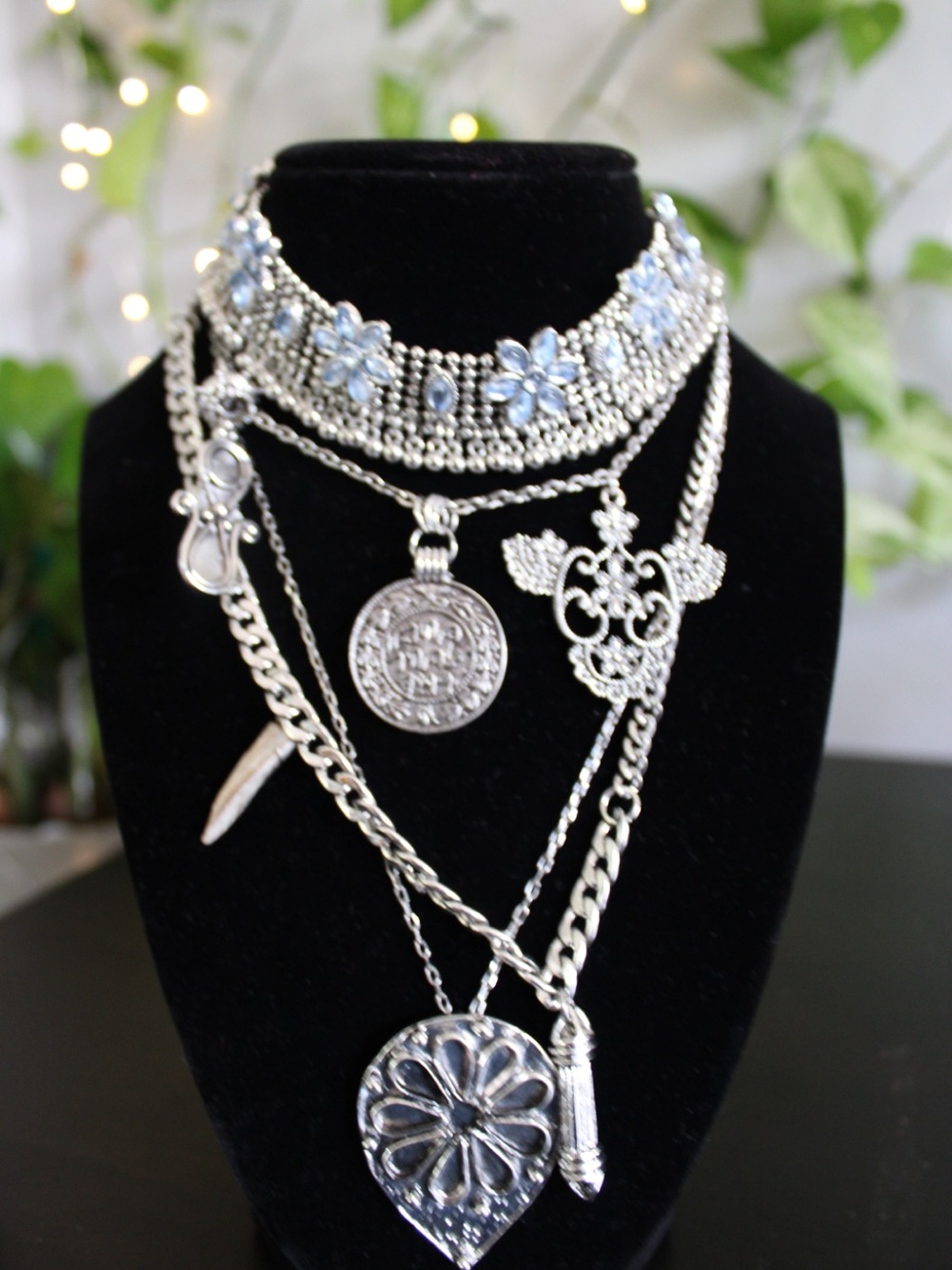 Free People x Adriana Ost Blue Crystal Layered Statement Necklace - Picture 2 of 8